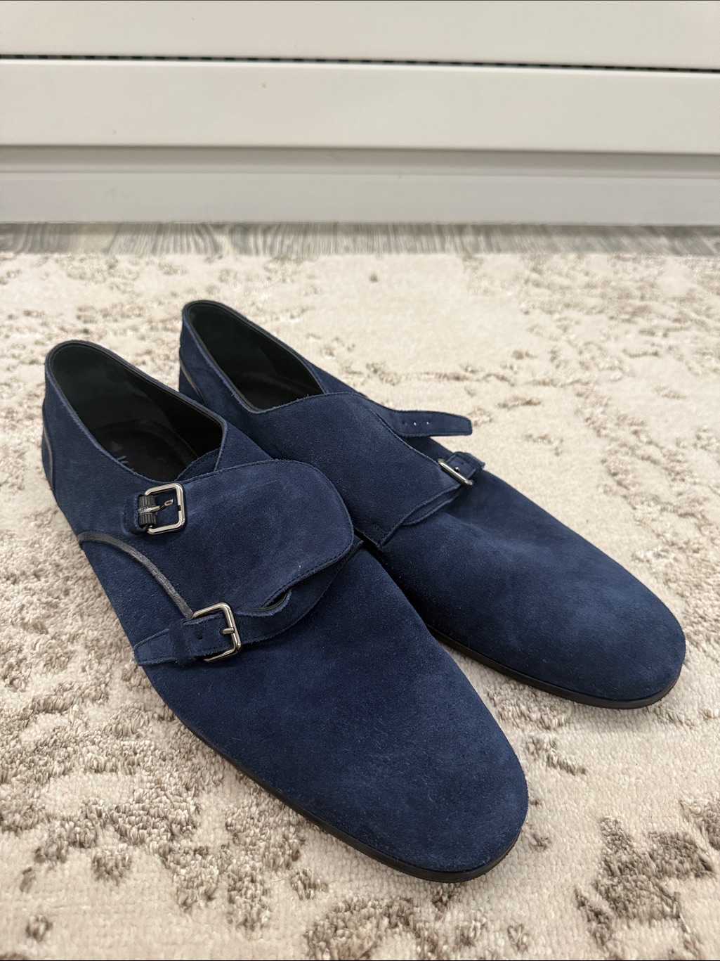 Louis Vuitton Navy Double Monk Strap Suede Shoes